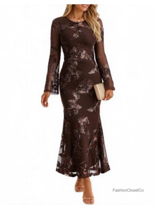 Dresses & Skirts - Long Sleeve Embroidered Mesh Maxi Dress Formal Wedding Guest